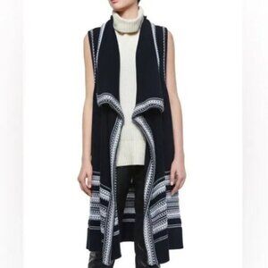 Vince Long Line Sweater Vest Duster Textured Drape-Front Vest Black White Size S